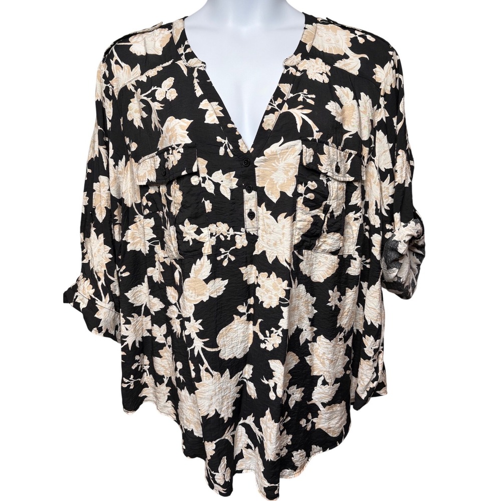 TORRID Black Floral Harper Blouse Sz‎ 4X Roll Tab Sleeves Boho-Chic Flowy Casual